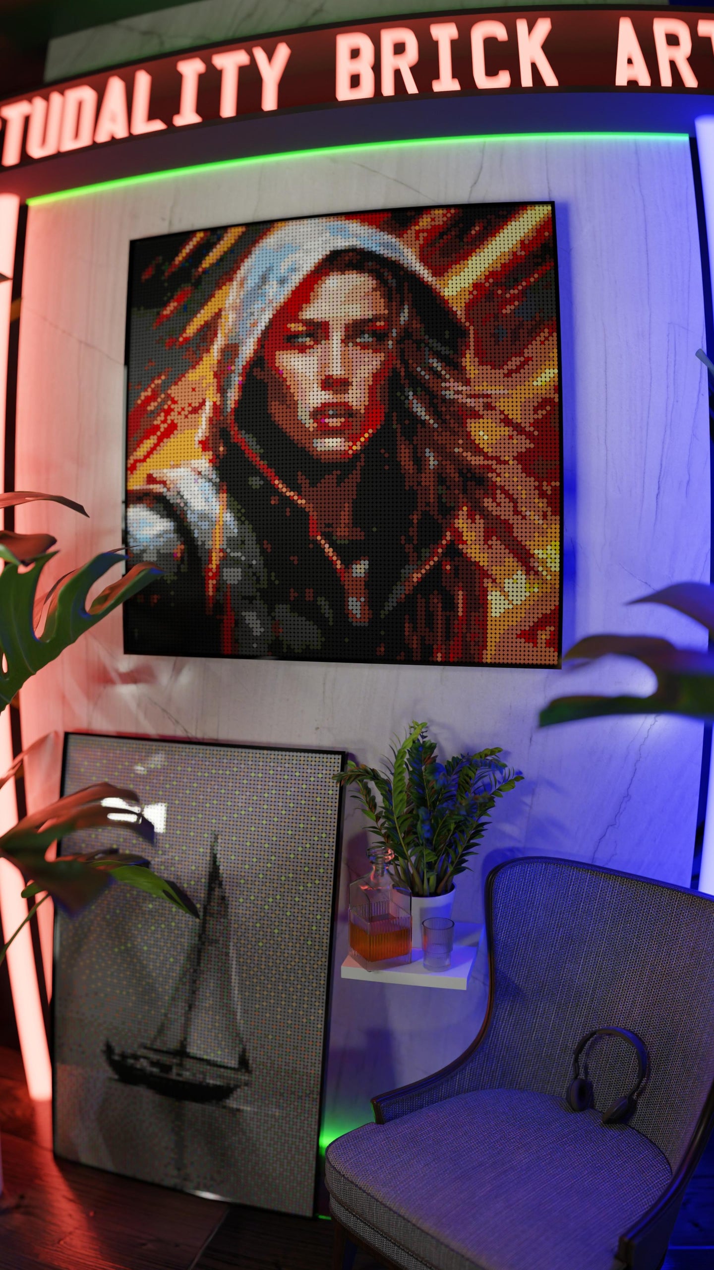 Leona Hellfire LEGO® Style mosaic wall art made from colorful plastic bricks